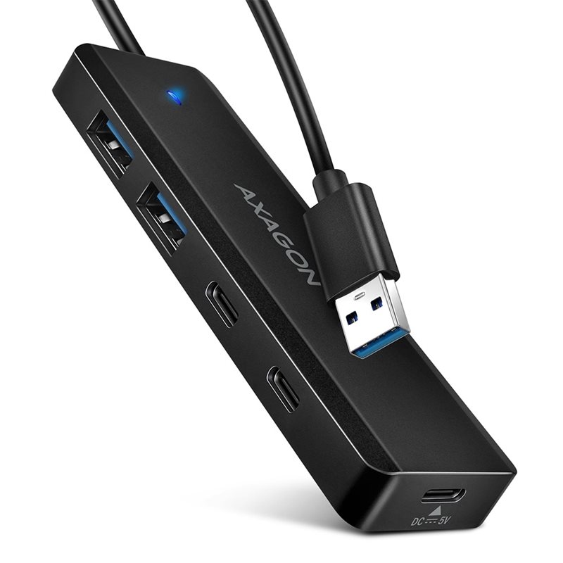 AXAGON 4-porttinen 3.2 Gen1 USB-A -hubi, USB-C lisävirralla, musta