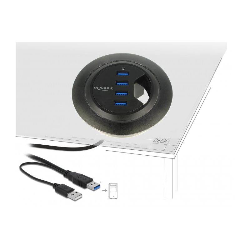 DeLock In-Desk Hub 4 Port USB 3.0, pöytään asennettava 4-porttinen USB-hubi, musta
