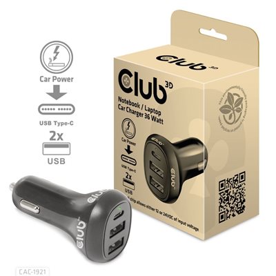 Club 3D 36W autolaturi, USB-C, 2x USB-A, musta