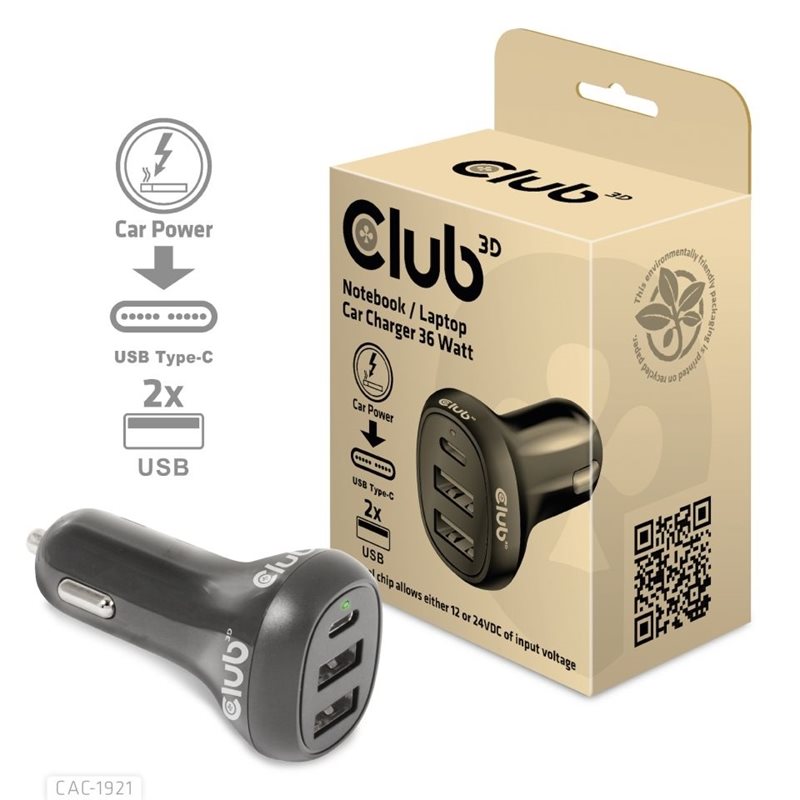 Club 3D Autolaturi, 1x USB-C, 2x USB-A, 36W, 12/24V