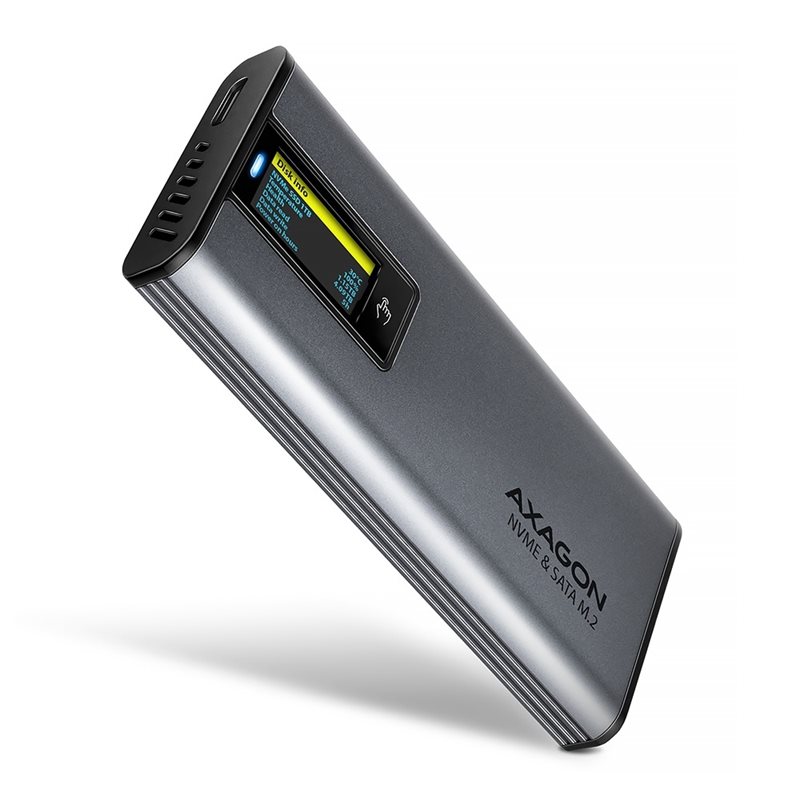 AXAGON Ulkoinen USB-C 3.2 Gen2 -kiintolevykotelo M.2 NVMe SSD/SATA:lle, näytöllä, hopea
