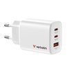 Verbatim 65W GaN-verkkovirtalaturi Essentials, 2x USB-C PD, 1x USB-A QC3, valkoinen