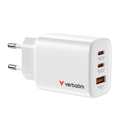Verbatim 65W GaN-verkkovirtalaturi Essentials, 2x USB-C PD, 1x USB-A QC3, valkoinen