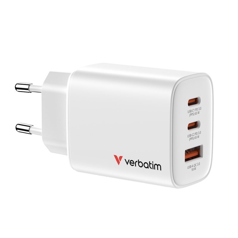 Verbatim 65W GaN-verkkovirtalaturi Essentials, 2x USB-C PD, 1x USB-A QC3, valkoinen