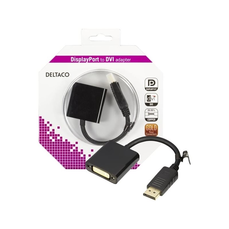 Deltaco DisplayPort - DVI-D Single Link sovitin, 0,2m, musta