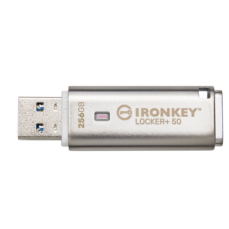 Kingston 256GB IronKey Locker+ 50, salattu 3.2 Gen1 USB-A -muistitikku, 145/115 MB/s, hopea