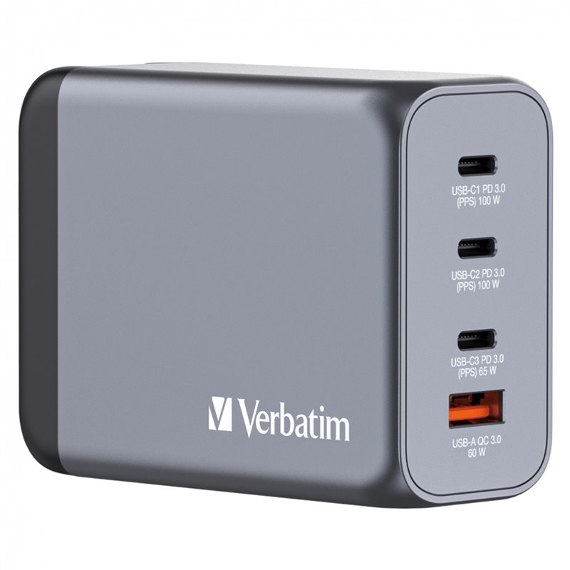 Verbatim 200W GaN-verkkovirtalaturi, 3x USB-C PD3.0, USB-A QC3.0, harmaa