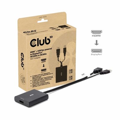 Club 3D HDMI 2.1 -> DisplayPort aktiivinen adapteri, USB-A lisävirralla, musta