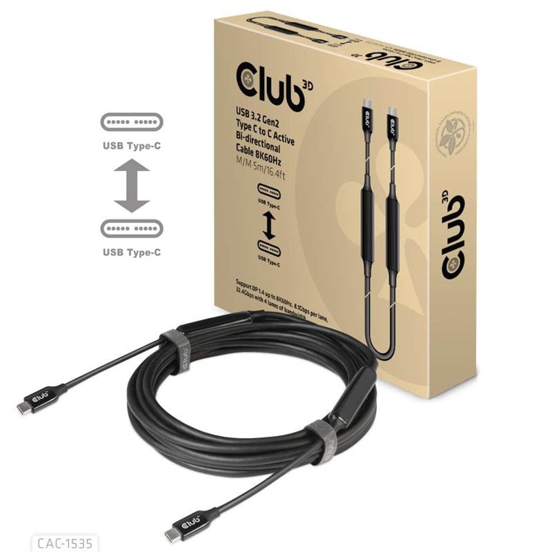 Club 3D 3.2 Gen2 USB-C -kaapeli, 10Gbps, 3A 60W , 5m, musta