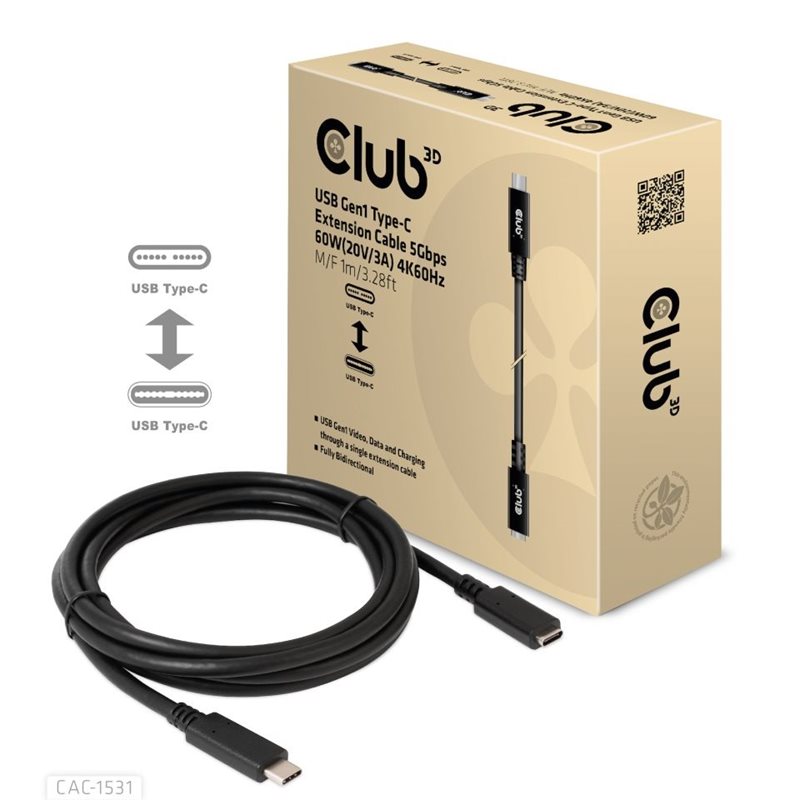 Club 3D 3.1 Gen1 USB-C -jatkokaapeli, PD3.0 3A 60W, 1m, musta