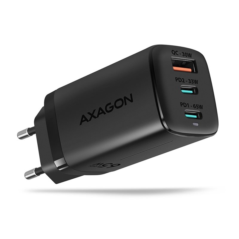 AXAGON 65W GaN-verkkovirtalaturi, 2x USB-C + USB-A, PD3/QC4+, musta