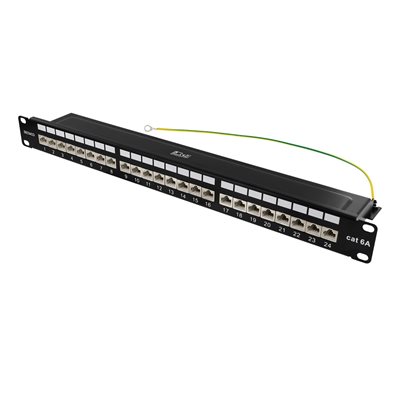Deltaco 19" 1U kytkentäpaneeli, 24x Cat6a suojattu STP, 10Gbps, Krone-rimat, 22-24AWG, musta