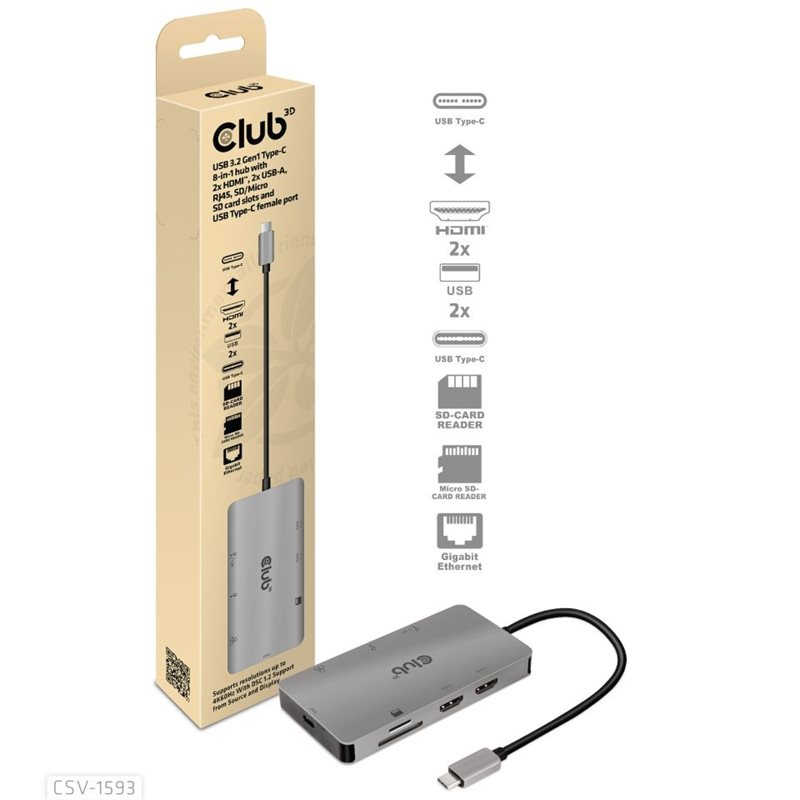Club 3D USB 3.2 Gen1 Type-C 8-in-1 hub -telakointiasema, harmaa/musta (Poistotuote! Norm. 90,9€)