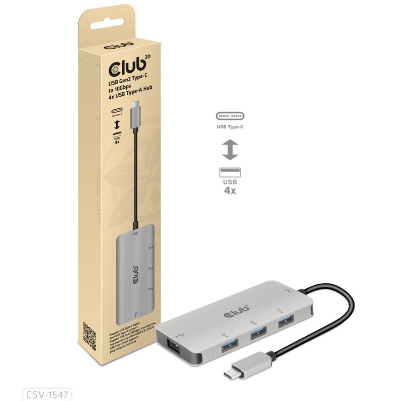 Club 3D USB Gen2 Type-C to 10Gbps 4x USB Type-A Hub, harmaa/musta
