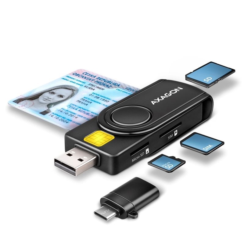 AXAGON Älykortinlukija, 2.0 USB-A/C, 4-paikkainen kortinlukija, SD/mSD/SIM
