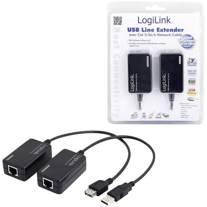 Logilink USB Line Extender, CAT5/6, 60m, musta