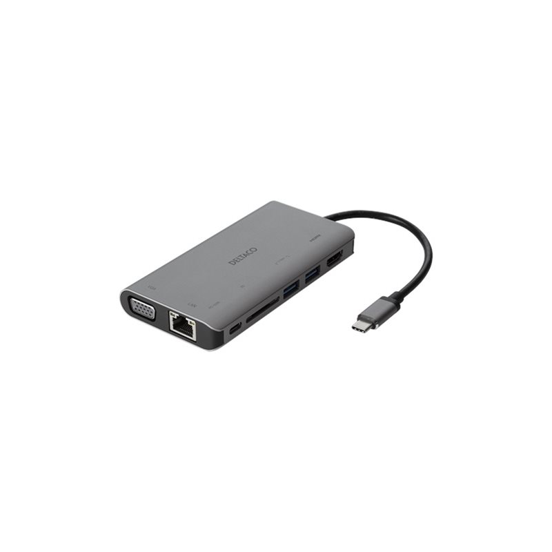 Deltaco USB-C-telakka, HDMI/VGA/Gigabit Lan/SD-lukija/2x USB-A, PD3.0, harmaa