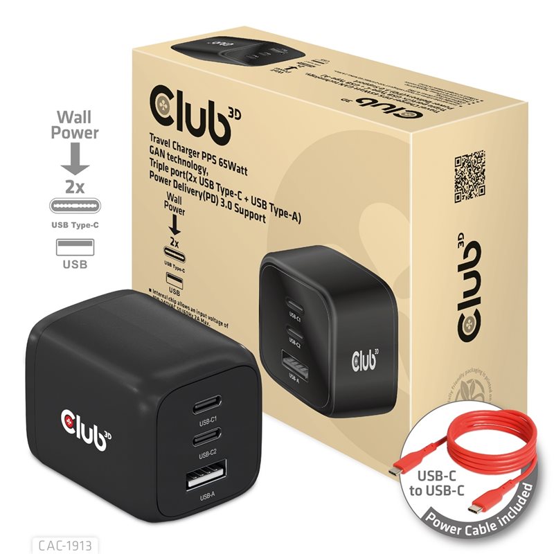 Club 3D 65W GaN-verkkovirtalaturi, 2x USB-C PD3.0 + USB-A, musta
