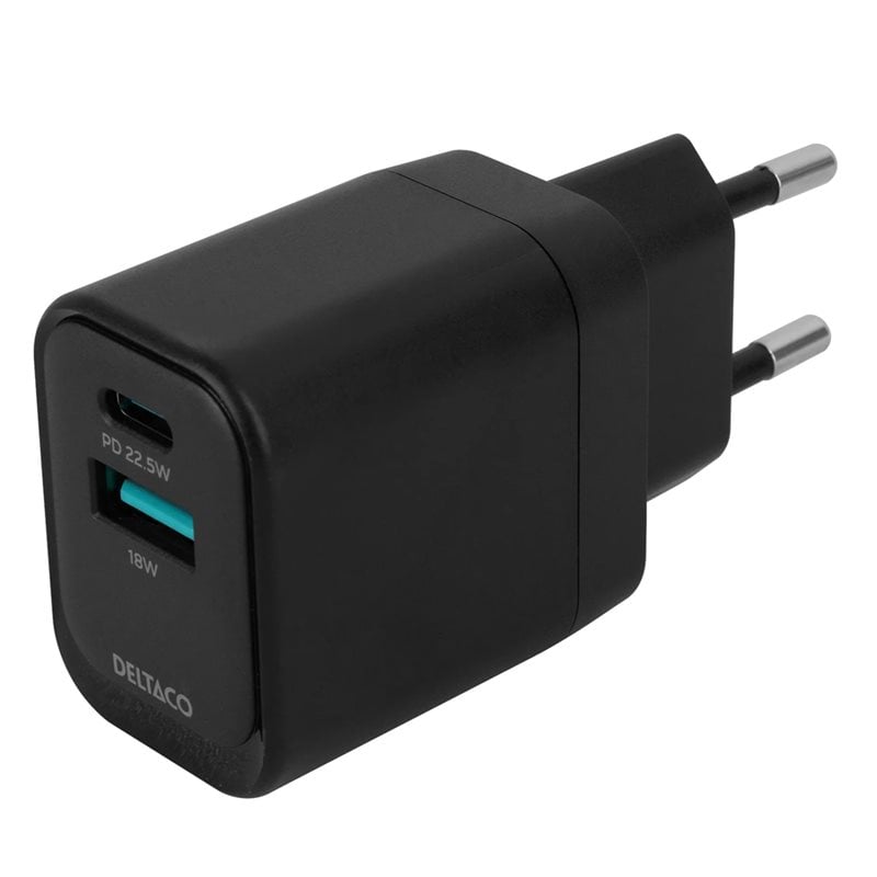 Deltaco 22,5W verkkovirtalaturi, USB-C PD + USB-A, musta