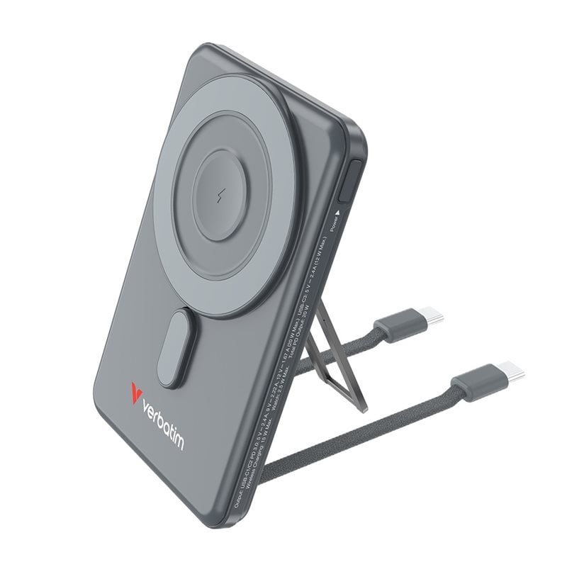 Verbatim 5000mAh Charge 'n' Go, varavirtalähde telineellä, Magsafe, 2x USB-C PD, harmaa