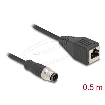 DeLock M12 D-koodattu 4-pin uros - RJ-45 Cat5e S/FTP naaras -teollisuusverkkokaapeli, 0,5m, musta