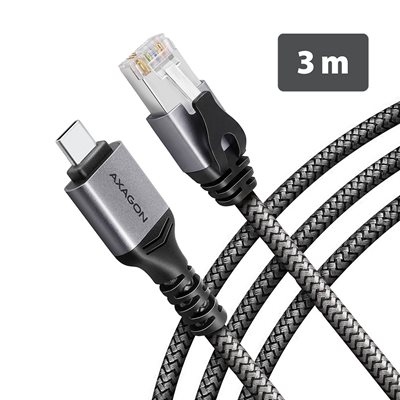 AXAGON USB-C -> RJ-45 Gigabit Ethernet -kaapeli, Cat6, 3m, harmaa