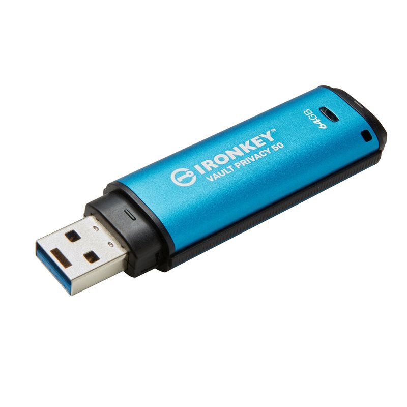 Kingston 64GB IronKey Vault Privacy 50, salattu 3.2 Gen1 USB-A -muistitikku, sininen