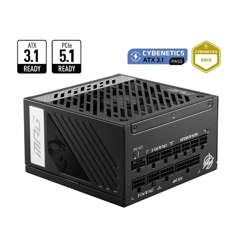 MSI (Outlet) 1000W MPG A1000G PCIE5, ATX-virtalähde, PCIe 5.1, 80 Plus Gold, musta/hopea