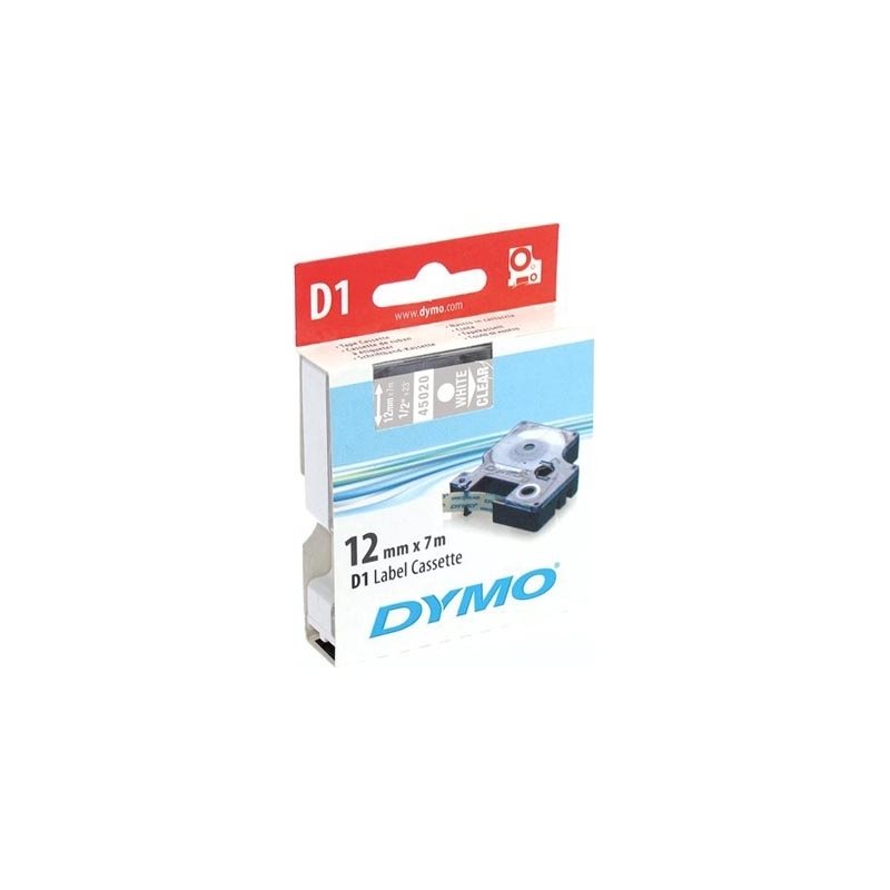 Dymo D1 merkkausteippi standardi 12mm, läpinäkyvä/valk teksti, 7m