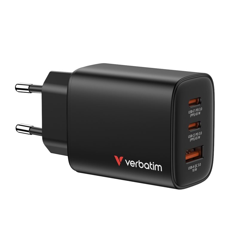 Verbatim 65W GaN-verkkovirtalaturi Essentials, 2x USB-C PD, 1x USB-A QC3, musta
