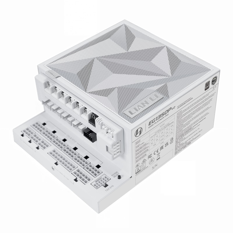 Lian Li 1350W EDGE Platinum V2, ATX-virtalähde, 80 Plus Platinum, + USB HUB, PCIe 5.1, ATX 3.1, valkoinen