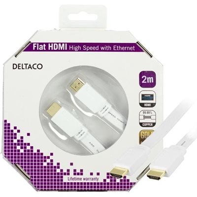 Deltaco HDMI v1.4 kaapeli 4K, Ethernet,3D, paluu, litteä valkoinen,2m