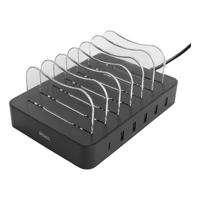 Deltaco 50W USB-latausasema 8 laitteelle, 5x USB-A + USB-C PD, musta