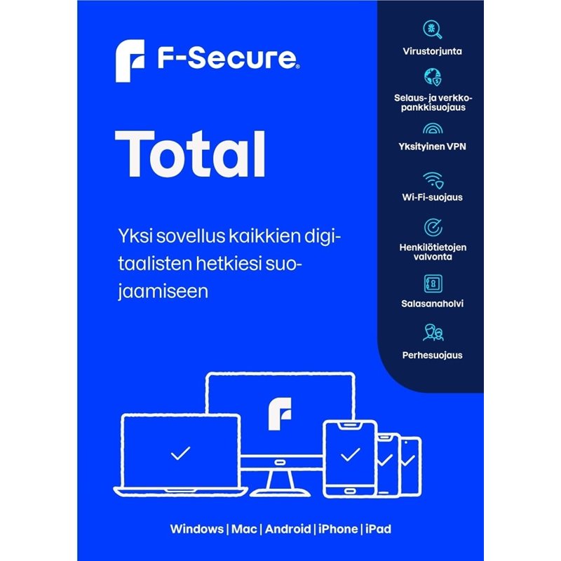 F-Secure Total -tilauslisenssi, 1 vuosi, 5 laitetta, retail-paketti