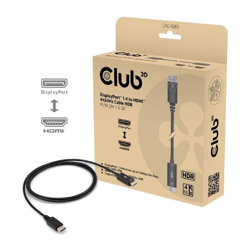 Club 3D DisplayPort 1.4 -> HDMI -adapterikaapeli, 4K60Hz, 2m, musta