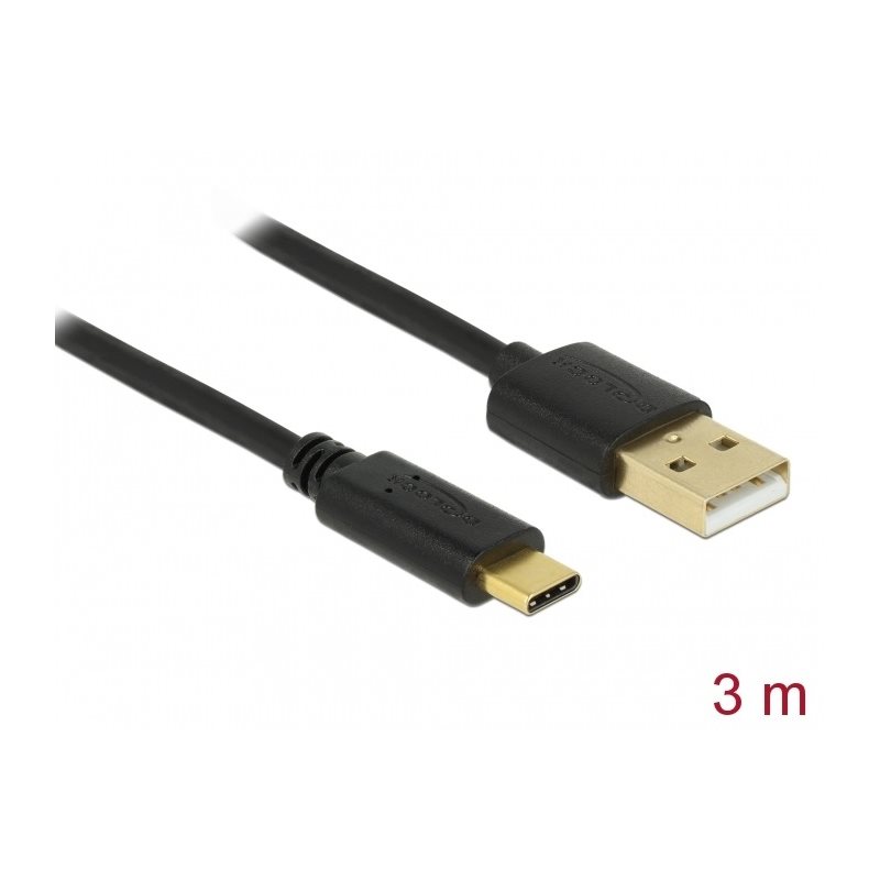 DeLock 2.0 USB-A - USB-C -kaapeli, 3A, 3m, musta