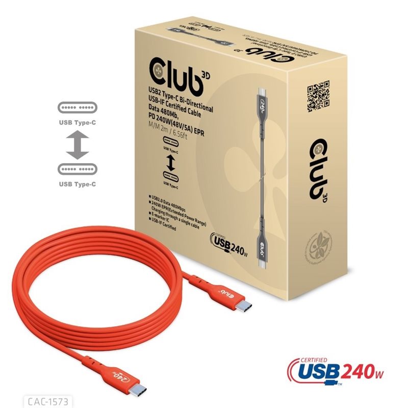 Club 3D 2.0 USB-C -kaapeli, 2m, punainen