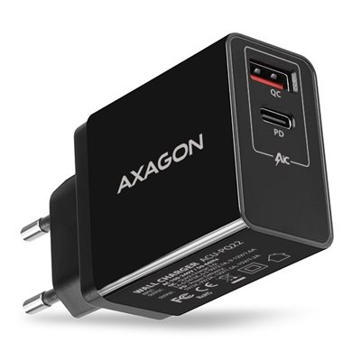 AXAGON 22W verkkovirtalaturi, USB-C + USB-A, PD2/QC3, musta