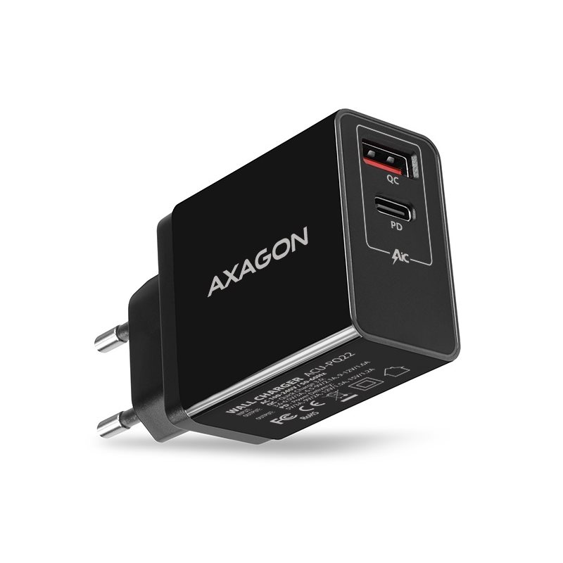 AXAGON 22W verkkovirtalaturi, USB-C + USB-A, PD2/QC3, musta