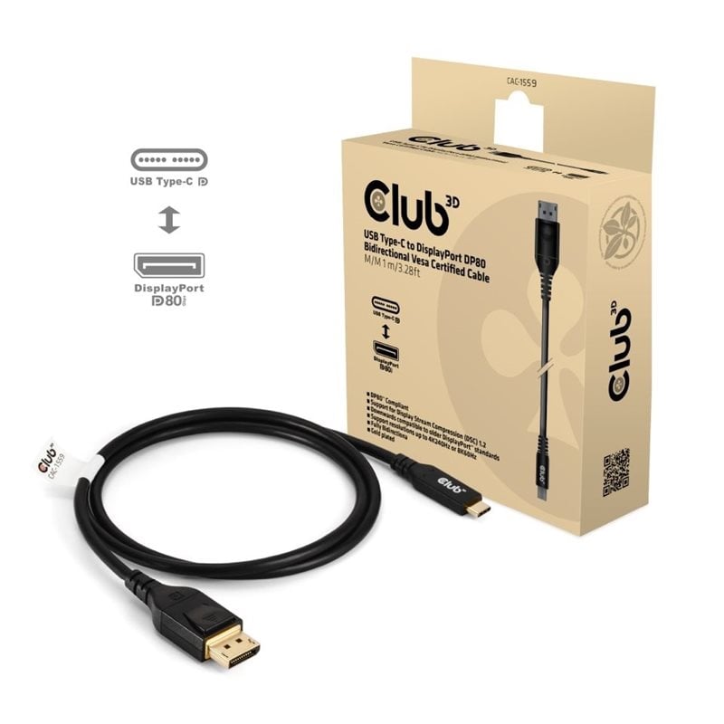 Club 3D USB-C -> DisplayPort 2.1 -kaapeli, 1m, musta