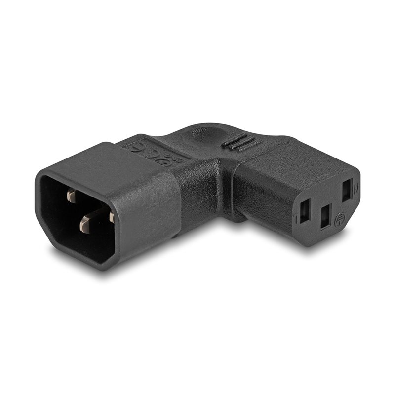 DeLock C14 uros -> C13 naaras -virta-adapteri, 90° sivukulma, musta