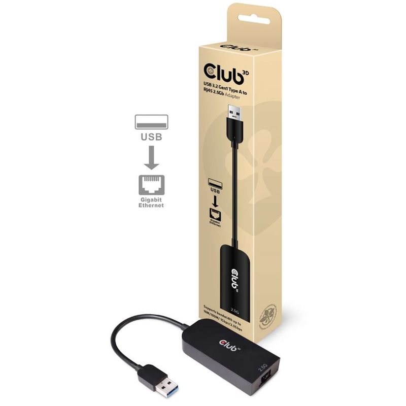 Club 3D 3.2 Ge1 USB- A -> RJ45 2.5Gbps -sovitin