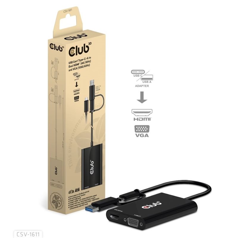 Club 3D 3.1 Gen1 USB-C/-A ->  Dual HDMI/VGA -adapteri, musta