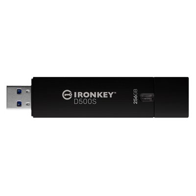 Kingston 256GB IronKey D500S, salattu 3.2 Gen1 USB-A -muistitikku, FIPS 140-3 taso 3 (anottu), musta