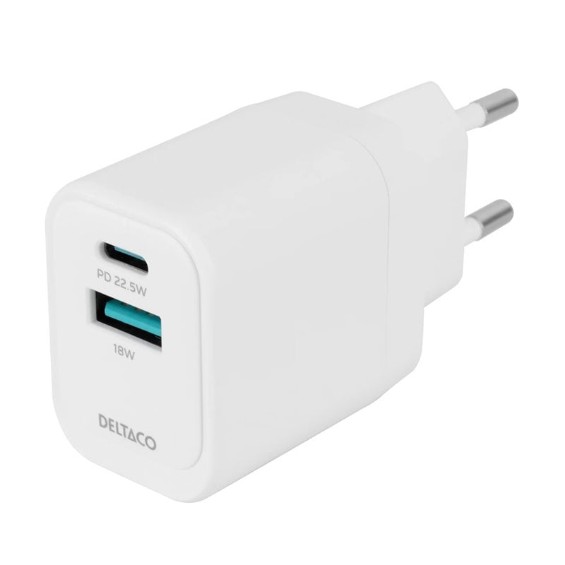 Deltaco 22,5W verkkovirtalaturi, USB-C PD + USB-A, valkoinen