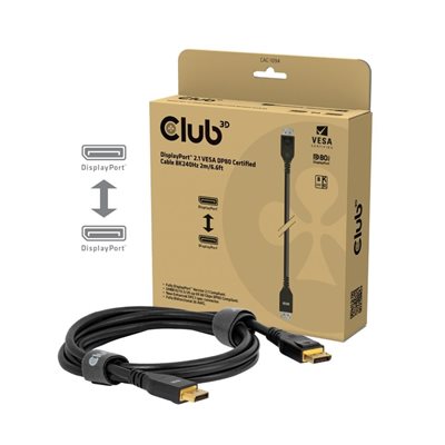 Club 3D DisplayPort 2.1 -näyttökaapeli, 8K240Hz, VESA DP80 -sertifioitu, 2m, musta