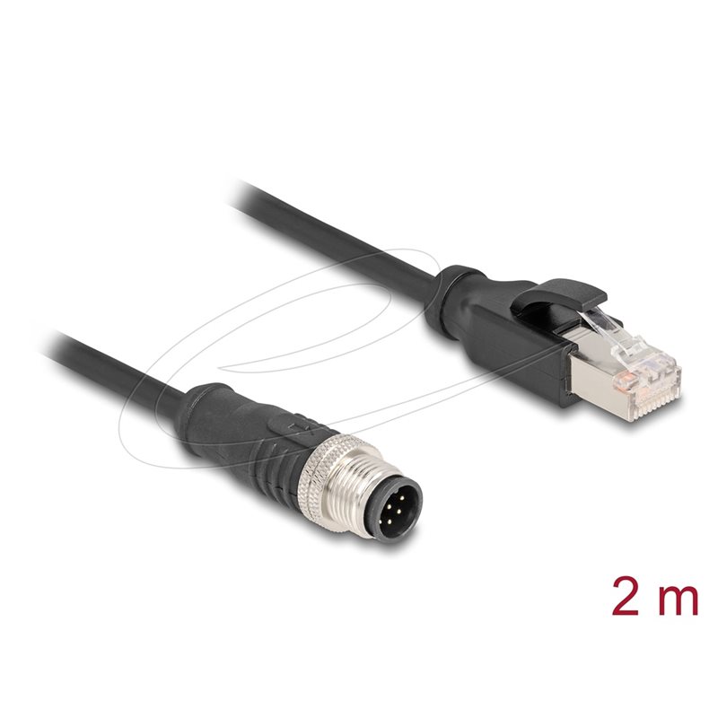 DeLock M12 A-koodattu 8-pin uros - RJ-45 Cat5e S/FTP uros -teollisuusverkkokaapeli, 2m, musta