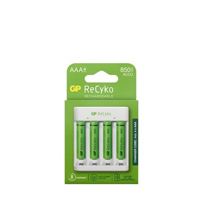 GP ReCyko AA/AAA-akkulaturi ja 4xAAA 850mAh akut