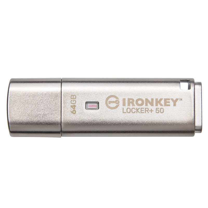 Kingston 64GB IronKey Locker+ 50, USB 3.2 Gen 1 -muistitikku, 145/115 MB/s, hopea