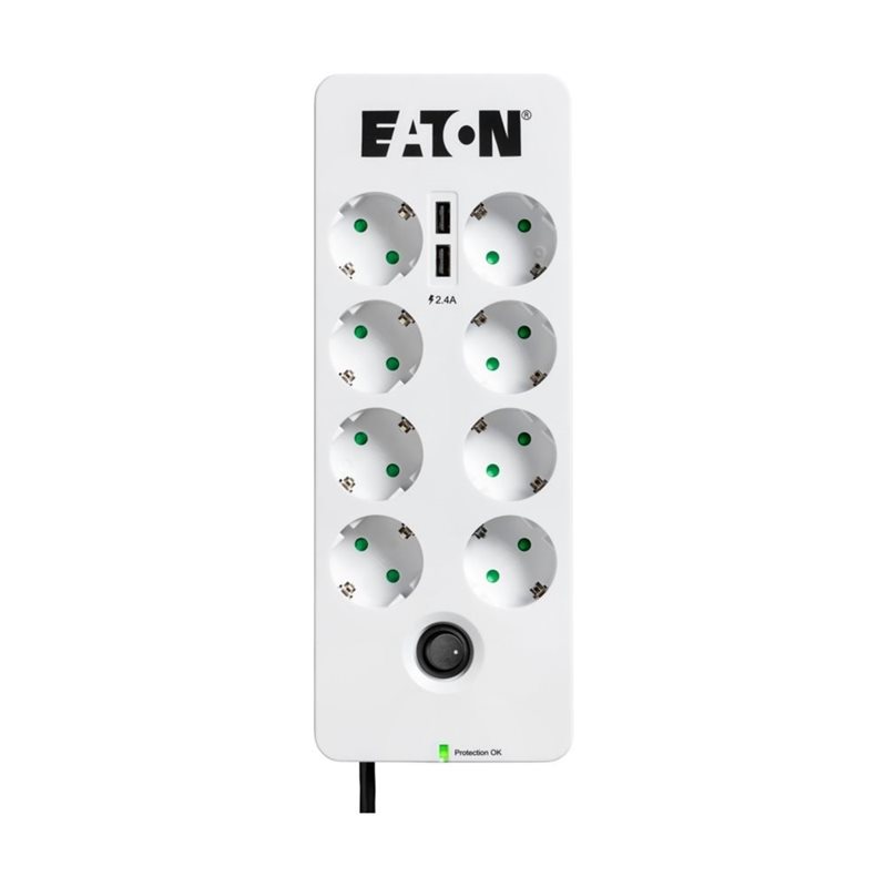 Eaton Protection Box -ylijännitesuoja 8-paikkainen + 2x USB-A, Tel@-suojalla, 1,5m, valkoinen